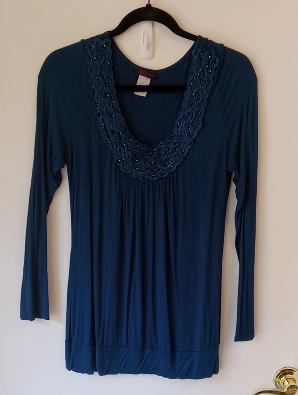 Agenda Blue 3/4 Sleeve Top Embellished Low Neckline